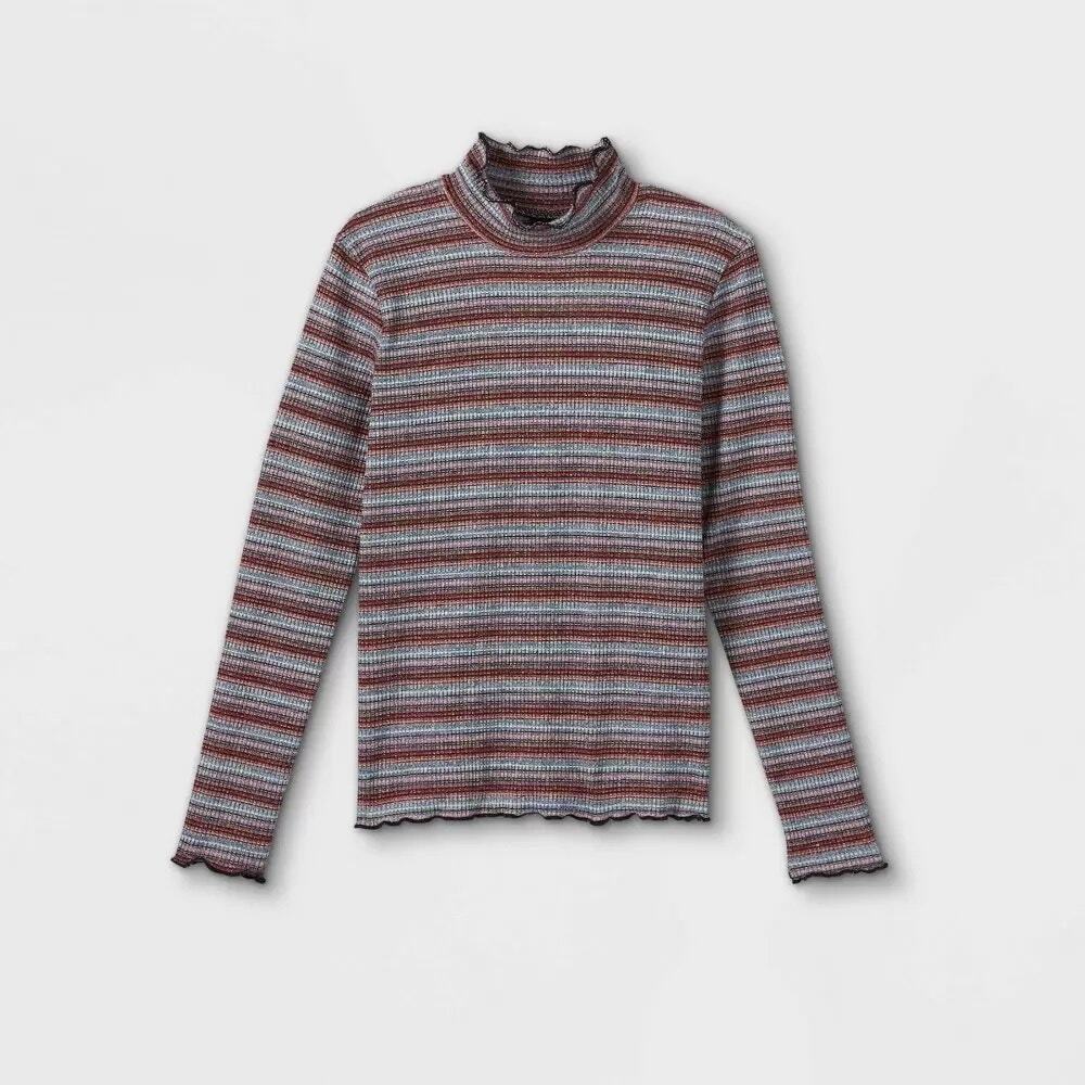 Lettuce Edge Mock Neck Shirt Art Class XL Striped Red Metallic Pullover Ruffle